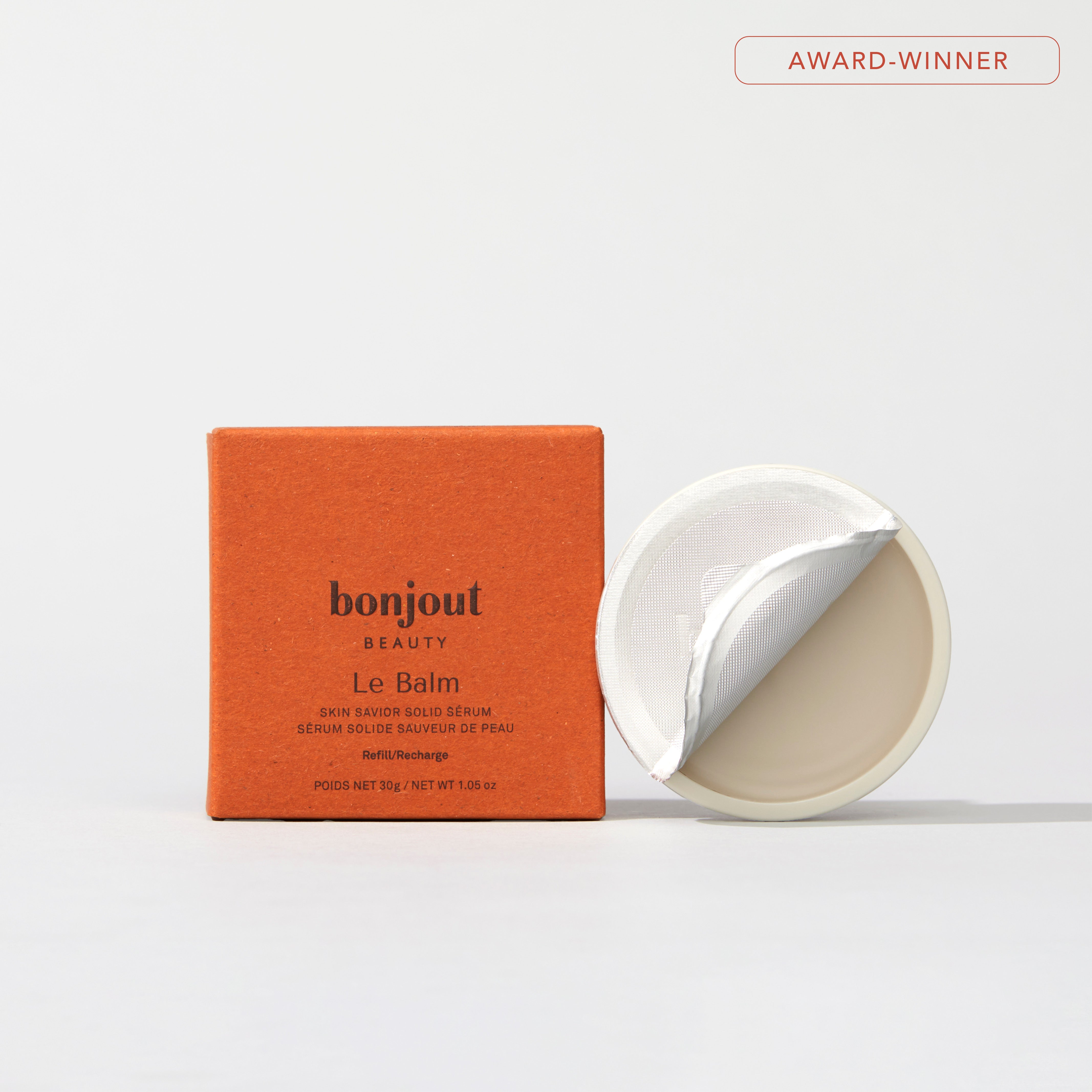 Bonjout Beauty's Le Balm refill packaging with award-winner label