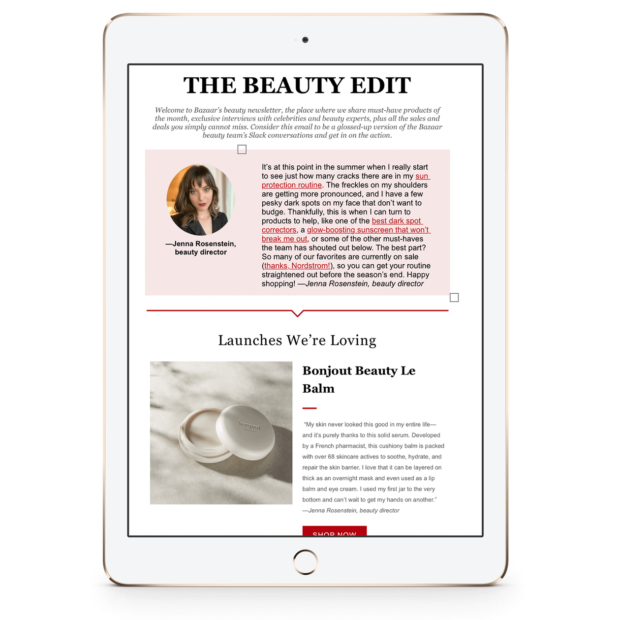 Harper's Baazar Article featuring Bonjout Beauty on iPad screen