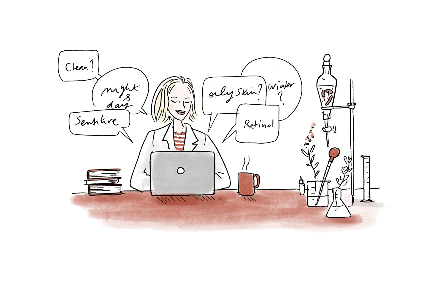 Icon of Dr. Natacha Bonjout typing on her computer in her skincare laboratory 